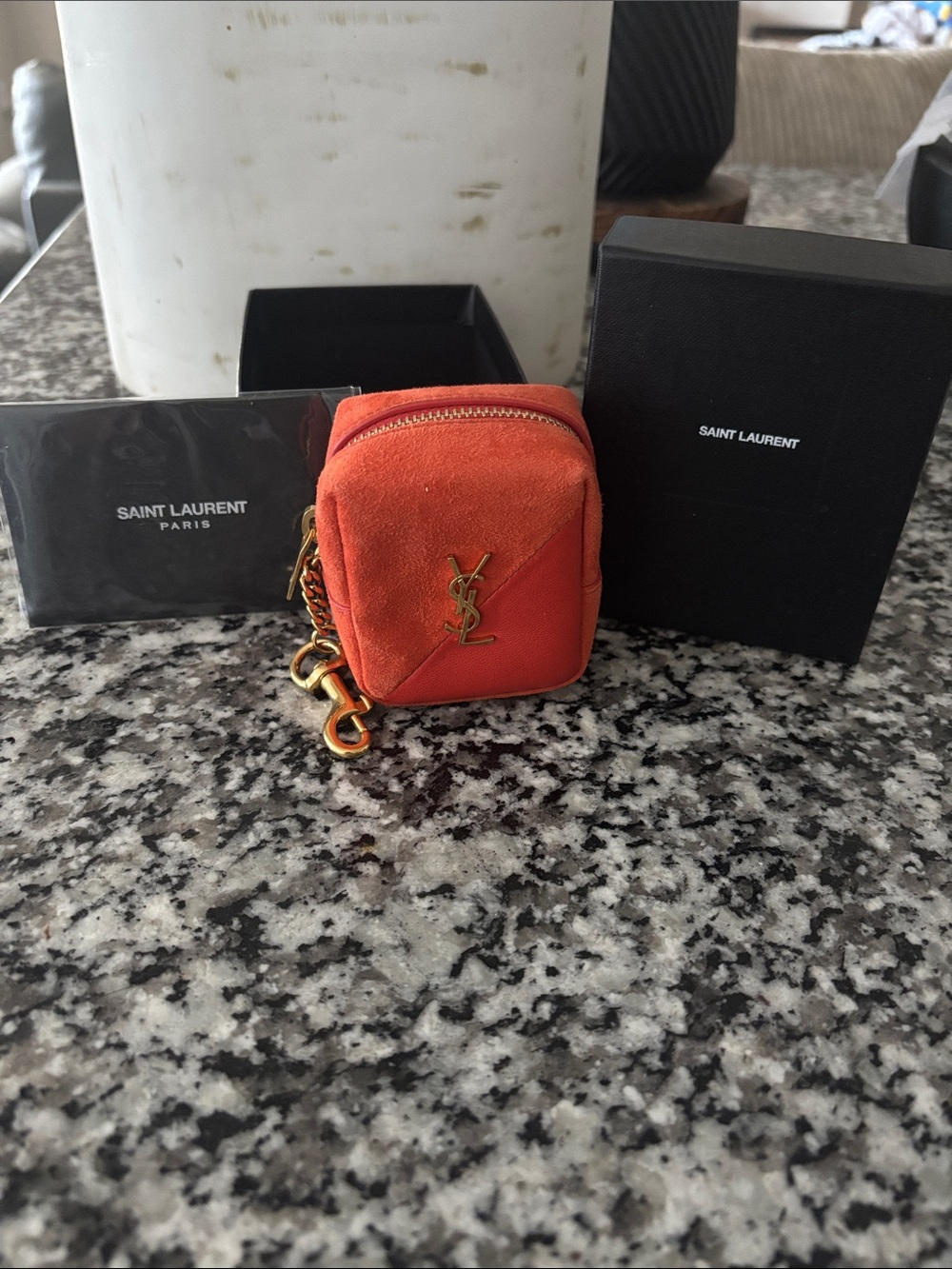 Authentic Saint Laurent Orange Suede Mini Cube Pouch with Gold Hardware